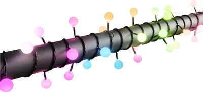 A string of colorful LED lights wrapped around a dark cylindrical object.