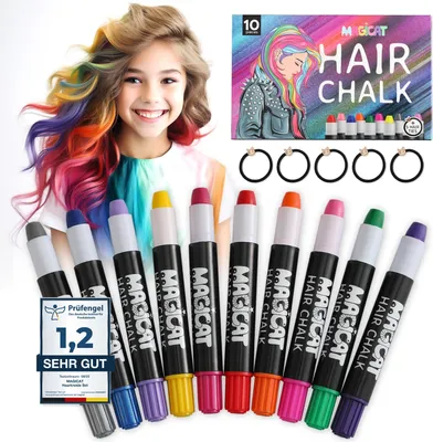 Produktbild von Magicat Premium Haarkreide Set aus 10 auswaschbaren Haar Kreide Stiften und 5 Haargummis, für Kinder und Jugendliche, Fasching, Party, Geburtstag,