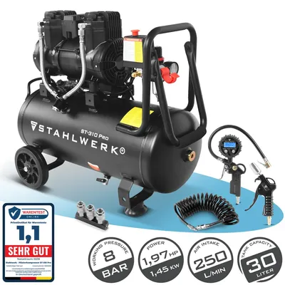 Zdjęcie produktu dla Sprężarka STAHLWERK ze zbiornikiem 30 l (ST-310 Pro) z akcesoriami - bezolejowa, 8 bar, sprężarka powietrza z silnikiem bezszczotkowym, 1,97 KM, 1,45 kW, 250 l/min