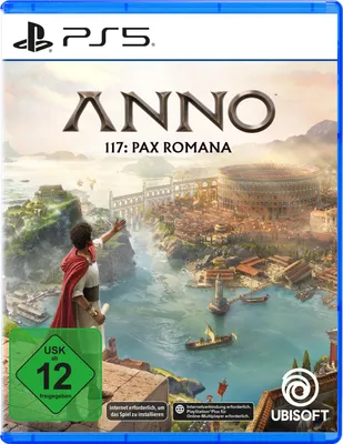 The image shows the front cover of a PlayStation 5 game case for 'Anno 117: Pax Romana'. The cover art depicts a Roman-inspired cityscape with a river and a person in the foreground.