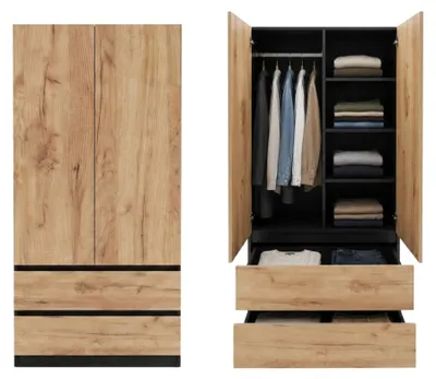 Produktbild von Home Collective Schrank Mehrzweckschrank Kleiderschrank 90x50x180 cm | Garderobenschrank Aktenschrank Hochschrank | 2 Türen & 2 Schubladen | griffloses Design robuster Holzwerkstoff | Schwarze Craft-Eiche