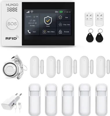 Produktbild von HUXGO HXA007 WLAN + GSM Funk Alarmanlage mit 4 Bewegungssensor Alarm für Büro Haus Wohnung Garage Steuerung über das Handy TUYA Smart Anwendung SMS-Benachrichtigungen Sprache DEUTSCH