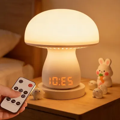 Produktbild von Pilzförmige Lampe – Nachttischlampe – Stimmungslicht – Mit Uhr – 3600 mAh Akku – Warmweiß