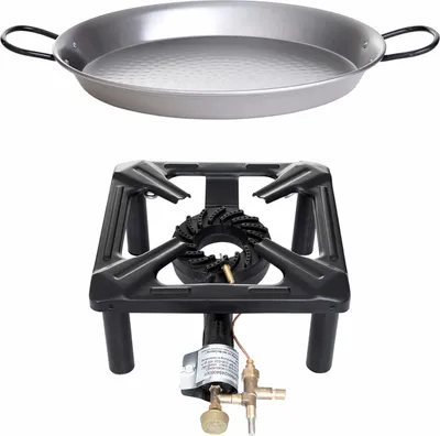 Produktbild von Hockerkocher-Set (groß) mit Paella Pfanne Stahl Ø 42 cm - mit Zündsicherung
