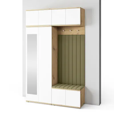 Produktbild von Garderoben-Set Aura Version 9: Kleiderschrank mit Polsterpaneelen, Schuhschrank Flur und Eingangsbereich (weiß/Artisan-Eiche /Trinity 27)