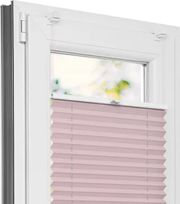A close-up view of a window with a pink pleated blind installed.