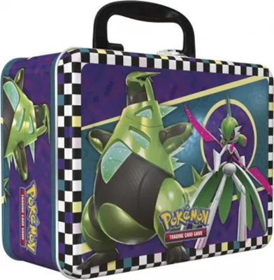 A Pokémon trading card game collector's tin featuring two Pokémon characters.