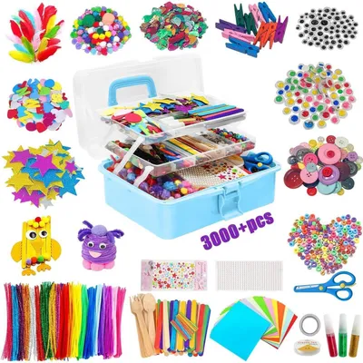 Produktbild von Bastelset für Kinder 4-12 Jahre, 3000+ Teile, DIY Bastelsachen mit Aufbewahrungsbox, Pfeifenreiniger, Pompons, Perlen, Scrapbooking