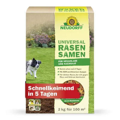 Zdjęcie produktu dla Nasiona trawy uniwersalne Neudorff do ogrodu, 2 kg, wystarczające na 100 m², charakteryzujące się szybkim kiełkowaniem