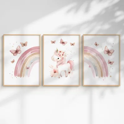 3-teilige Posterset Einhorn & Regenbogen DIN A3
