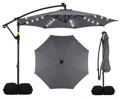 Image de Parasol COSTWAY 300 cm avec pied, éclairage LED et manivelle, parasol à pied central, parasol de jardin, pivotant à 360°, parasol de marché, parasol de terrasse, gris