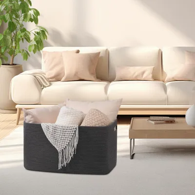 Productafbeelding van Grote dekenmand van geweven katoentouw met handvat, 56 x 43 x 30,5 cm, donkergrijs