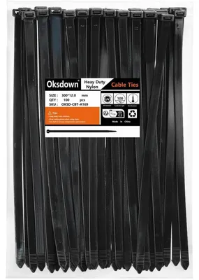 Obrázok produktu pre Stiahovacie pásky, 300 mm x 12,0 mm, čierna, 100 kusov, extra pevné, odolné voči UV žiareniu, nylon, nosnosť 100 kg