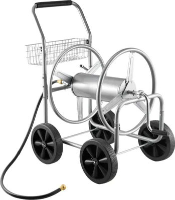 Produktbild von Schlauchwagen, fasst bis zu 76 m Schlauch mit 1,6 cm Durchmesser, mobiler Gartenschlauchwagen mit 4 Rädern, robuste pulverbeschichtete Stahlkonstruktion für den Außenbereich mit Aufbewahrungskorb, für Garten, Hof und Rasen