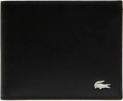 A black leather wallet with a silver Lacoste crocodile logo on the bottom right corner.