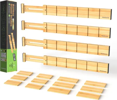 Produktbild von Verstellbare Schubladeneinteiler aus Bambus, Set mit 4 Stück, 5,7 cm hoch, Länge 43 bis 56 cm
