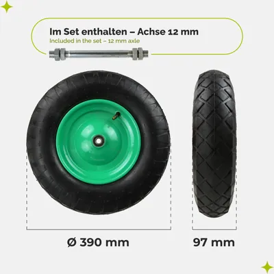 Image de Roue de rechange GARRONDA pour brouette 4.80/4.00-8 Roue de brouette Ø 390 mm Pneu à air 4PR Pneu jusqu'à 120 kg avec axe Jante en acier Roulement à billes pour brouette de jardin, de cour ou de chantier GD-0163, noir-vert