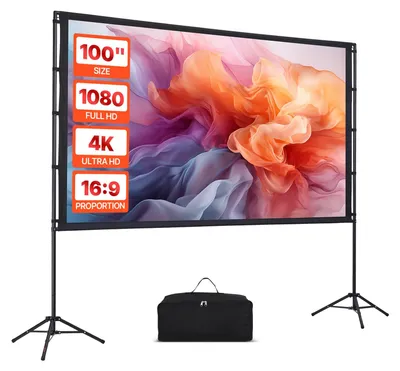 Image de Écran de projection VEVOR (100 pouces) avec angle de vision de 160° et double trépied, écran de projection pour projecteur d'intérieur et d'extérieur 16:9 4K HD, écran de cinéma portable avec sac de transport pour les projections home cinéma