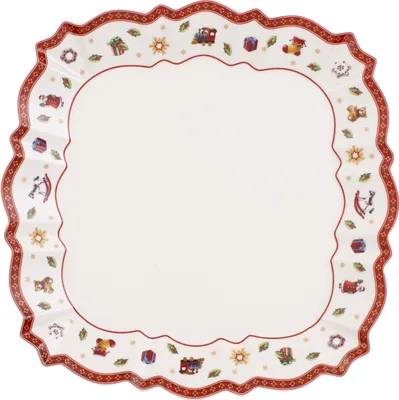 A square plate with a scalloped edge and a festive Christmas-themed border pattern.