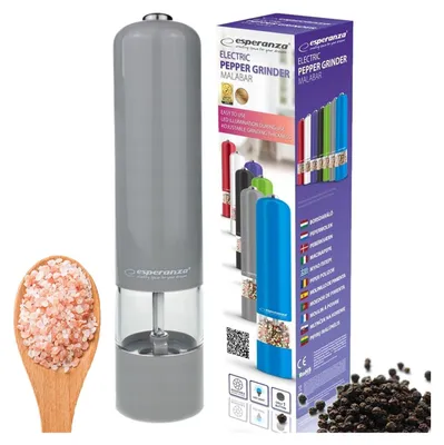 A product collage featuring an electric pepper grinder and its packaging, along with ingredients like pink salt and black peppercorns.