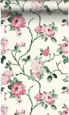 Produktbild von Origin Wallcoverings Tapete Blumen Crême-Weiß, Rosa und Grün 53 cm x 10.05 m