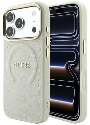 Productafbeelding van Guess Saffiano Pfingstrose & Ring MagSafe hoesje voor Apple iPhone 18 Pro / 17 Pro, beige