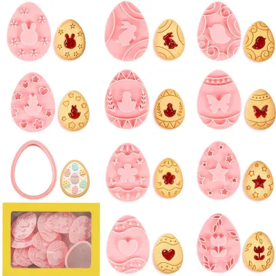 Produktbild von 11-teiliges Ausstechformen-Set – 3D-Osterausstecher mit Ei, Hase, Schmetterling und Blumenmotiv – zum Backen von Keksen