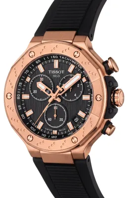 Zdjęcie produktu dla Zegarek męski Tissot T-Race Chronograph, czarny, różowe złoto, pasek silikonowy, model T141.417.37.051.00
