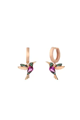 Produktbild von Ohrringe Mini Creolen mit Kolibri-Anhänger, 925 Sterling Silber roségold, grüne und lila Zirkonia