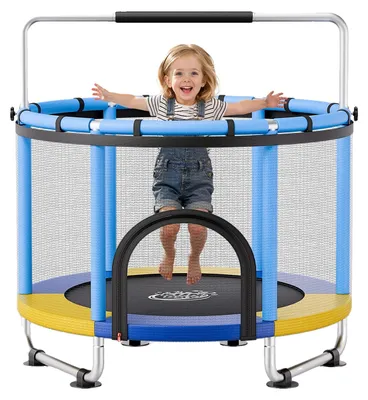 Immagine prodotto di Trampolino mini per bambini VEVOR, con barra di sicurezza e rete blu, ideale per l'uso in giardino. Diametro 150 cm, con canestro da basket, palla da basket e sacco di sabbia per bambini. Perfetto come regalo di Natale o di compleanno