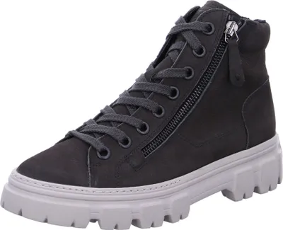 A single gray high-top sneaker with a thick white sole and a zipper on the side.