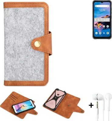 Produktbild von K-S-Trade Handyhülle + Kopfhörer kompatibel mit UMIDIGI Bison Pro Schutzhülle Filz Hülle Kunstleder hellgrau braun (1x)