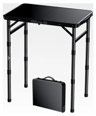 Produktbild von Klapptisch aus Kunststoff 58x40cm, wetterfester Campingtisch klappbar mit 3 Höhenverstellungen (26/48/70cm), tragbarer und stabiler Multifunktionstisch mit Tragegriff für Picknick, Camping, Balkon, Schwarz
