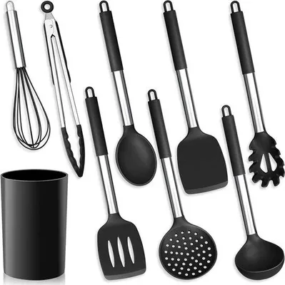 Produktbild von Silikon-Kochutenset mit 9 Stücken, RVS-Griff, Hitzebeständig und Antihaftbeschichtung für Kochen und Braten