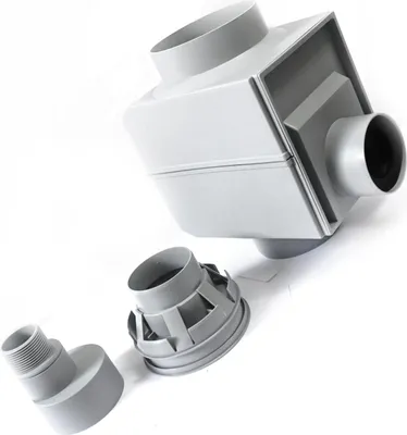 A product shot of a grey rain diverter and its components on a white background.