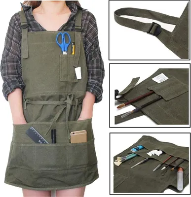 Produktbild von Professionelle Canvas-Schürze mit Taschen für Damen und Herren, Armeegrün, verstellbar (71 × 95 cm)