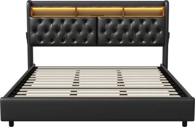 Obrázok produktu pre CDGlobal čalúnená posteľ 180x200cm s funkciou nabíjania (USB), manželská posteľ pre mladých s úložným priestorom a LED diódou, hydraulická skriňová pružina, PU, čierna