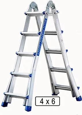 A multi-purpose aluminum ladder shown in an A-frame configuration against a white background.