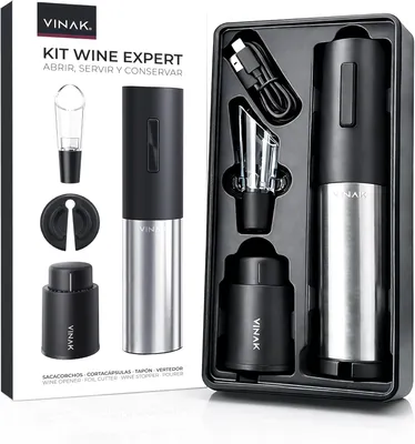 Productafbeelding van KIT Wine Expert - Wijnset - Oplaadbare elektrische kurkentrekker in roestvrij staal + vacuüm wijnstopper + wijnschenker en foliesnijder