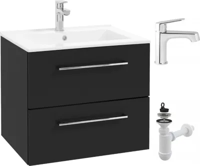 Zdjęcie produktu dla Szafka Łazienkowa z Umywalką 60 cm Czarna Mat Szuflady Bateria Chrom Wysoka
