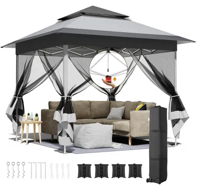Obrázek produktu pro Skládací pavilón 3,3 x 3,3 m, šedý a bílý, s 4 moskytiérami, vodotěsný, UV 50+, s dvojitou střechou, včetně pytlů s pískem