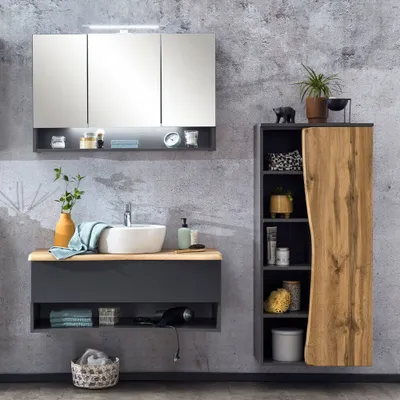 Produktbild von Badezimmermöbel Set in anthrazit mit Wotan Eiche Nb. in Baumkantenoptik KAHLA-03 LED Spiegelschrank und Keramik Waschbecken, B/H/T: ca. 181/200/52 cm