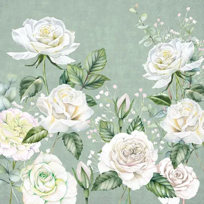 Produktbild von 20 Servietten Vendela - Weiße Rosen auf grün 33x33cm