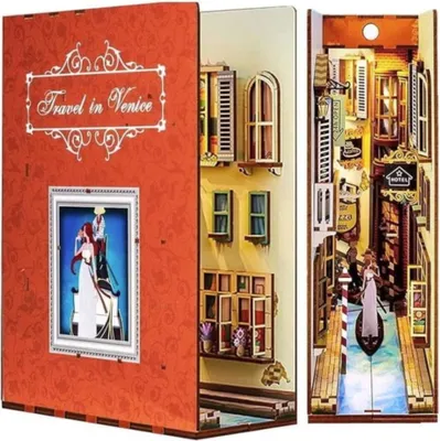 Immagine prodotto di Habarri | DIY Book Nook - Viaggio a Venezia - Puzzle 3D - Kit casa in miniatura con mobili e luce LED - Kit Angolo Libri
