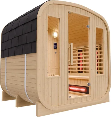 Produktbild von Dewello® - Outdoor Fasssauna Richmond - ca. 200 cm x 180 cm x 200 cm, Fichtenholz - Cube inkl. 10 Infrarotstrahler, Saunaofen und Saunazubehör I Gartensauna, Außensauna, Sauna Fass für 4 Personen