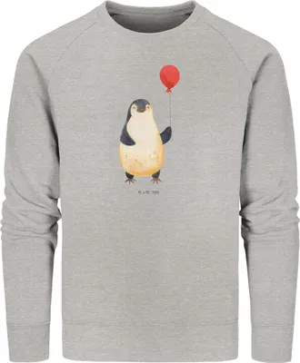 Produktbild von Mr. & Mrs. Panda Baumwoll Pullover Pinguin Luftballon Größe L - Heather Grey - Geschenk, Sweater, Geschenkidee, Liebe, Jahrmarkt, Glück, Pulli, Sweatshirt, Kirmes
