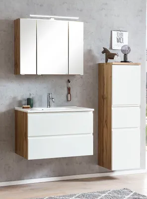 Produktbild von Badmöbel Set mit Aufsatzleuchte und Waschbecken, Wotan Eiche Nb. mit weiß matt, VASTO-03-WHITE, B/H/T ca. 135/200/47 cm