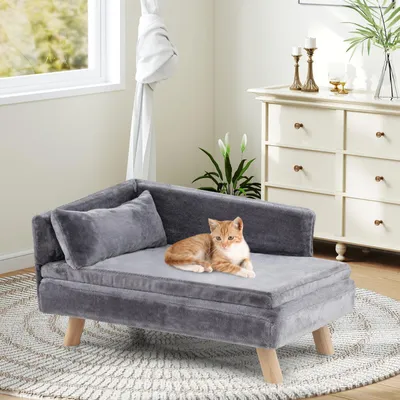 Zdjęcie produktu dla COSTWAY sofa dla kota luksusowa, legowisko dla kota podwyższone, do 50 kg, kanapa dla kota z 2 poduszkami, oparciem i drewnianymi nogami, fotel dla kota sofa dla kota miękka (szary)