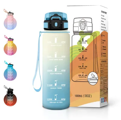 Produktbild von JAPORIA Wasserflasche 1000ml mit Strohhalm, Motivierende Trinkflasche mit Zeitmarkierung, auslaufsicher, BPA-frei, für Sport, Schule, Fitness, Wandern