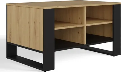 A modern coffee table with a wood-look top and black metal frame, featuring four open shelves.